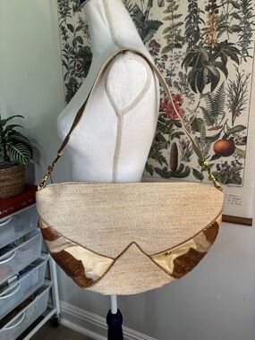 Vintage Beige and Brown Woven Half-Moon Shoulder Bag